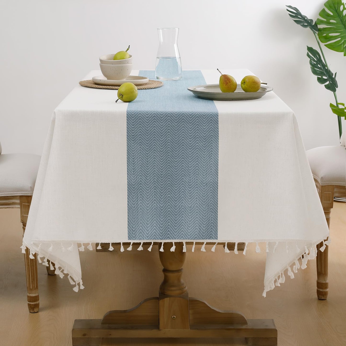 Softalker Outdoor Linen Tablecloth Rectangle, Waterproof Cotton Boho Farmhouse Table Cloths with Tassel, Heavy Weight Wrinkle Free Table Cover for Picnic Camping Dining - 55 x 70 Inch, Coffee Lines