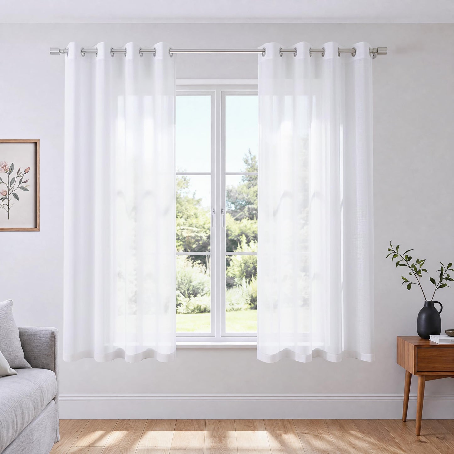 White Sheer Curtains 84 Inches Long Set 2 Panels Grommet Pair Faux Linen Semi Transparent Drape Tulle Gauze Voile Window Sheer Curtains for Bedroom Living Room Dining Wide 52 Length Solid Pack