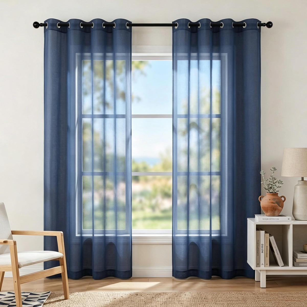 White Sheer Curtains 84 Inches Long Set 2 Panels Grommet Pair Faux Linen Semi Transparent Drape Tulle Gauze Voile Window Sheer Curtains for Bedroom Living Room Dining Wide 52 Length Solid Pack