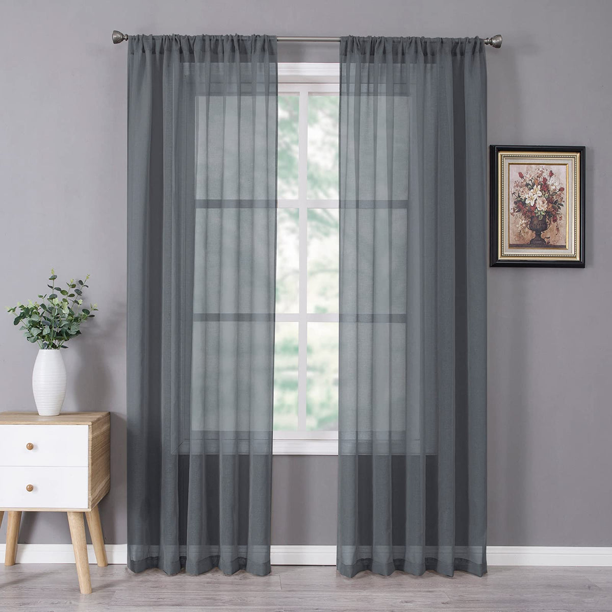 Tollpiz Sheer Curtains Living Room Linen Textured Curtain Sheers Light Filtering Voile Rod Pocket Curtains for Bedroom, 38 x 63 inches Long, White, Set of 2 Panels