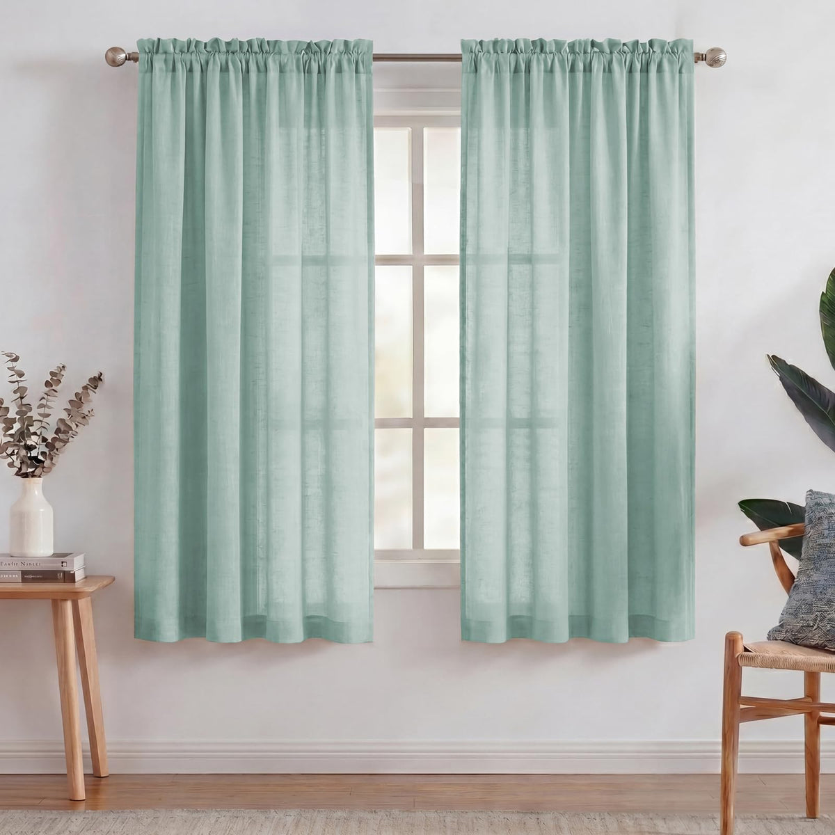 Turquoize White Linen Curtains 96 Inches Long Semi Sheer Curtains Light Filtering Linen Drapes for Living Room/Bedroom 2 Panels Set Rod Pocket Window Treatments Panels,W52 x L96, White