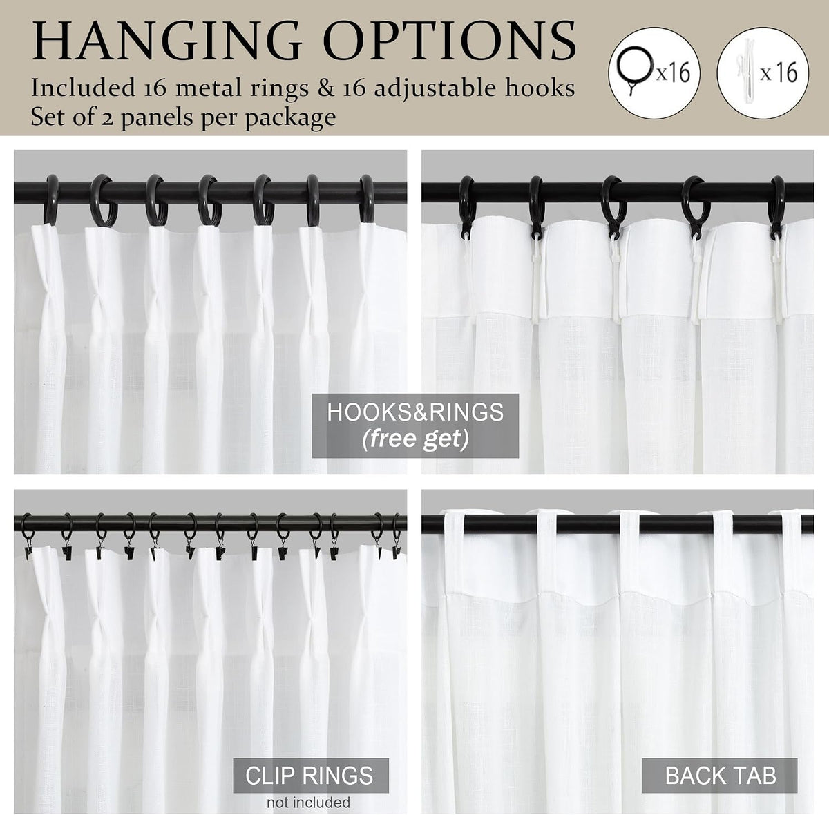 White Linen Pleated Curtains 84 Inches Long for Bedroom Back Tab Light Filtering Sheer Pinch Pleat Drapes Hook Ring Modern Farmhouse Coastal Cotton Textured Gauze Curtain Living Room 84 Length 2 Panel