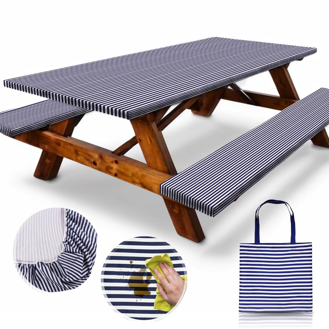Vinyl Fitted Picnic Table Cover with Bench Covers & Blue 6ft Blue Checkered | Vinyl Fitted Picnic Table Cover with Bench Covers and Bag, Outdoor Waterproof Windproof Picnic Tablecloth with Elastic Edges.