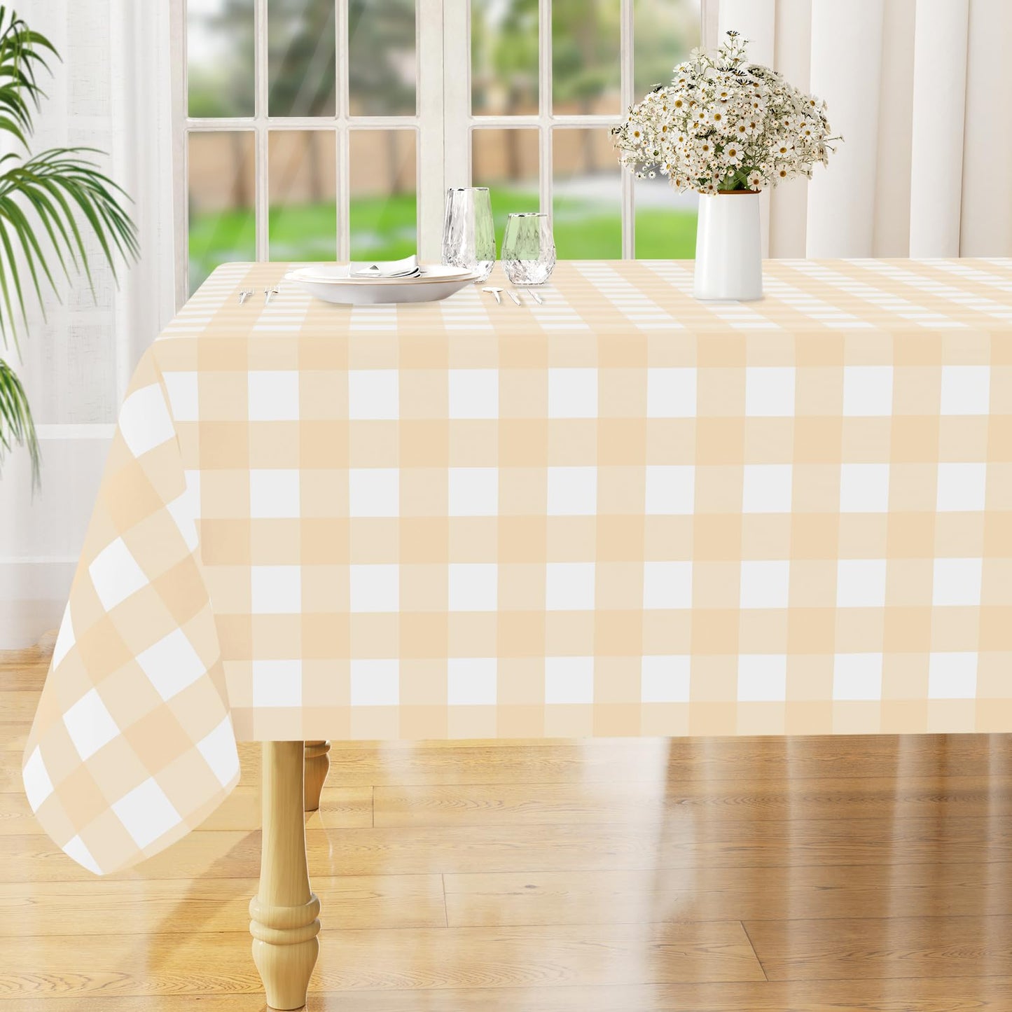 Rectangle Waterproof Vinyl Table Cloth, Buffalo Flannel Backed Tablecloth, Wipeable Plastic Table Cover for Dinner, Kitchen, Outdoor (60" x 84", Black and White)
