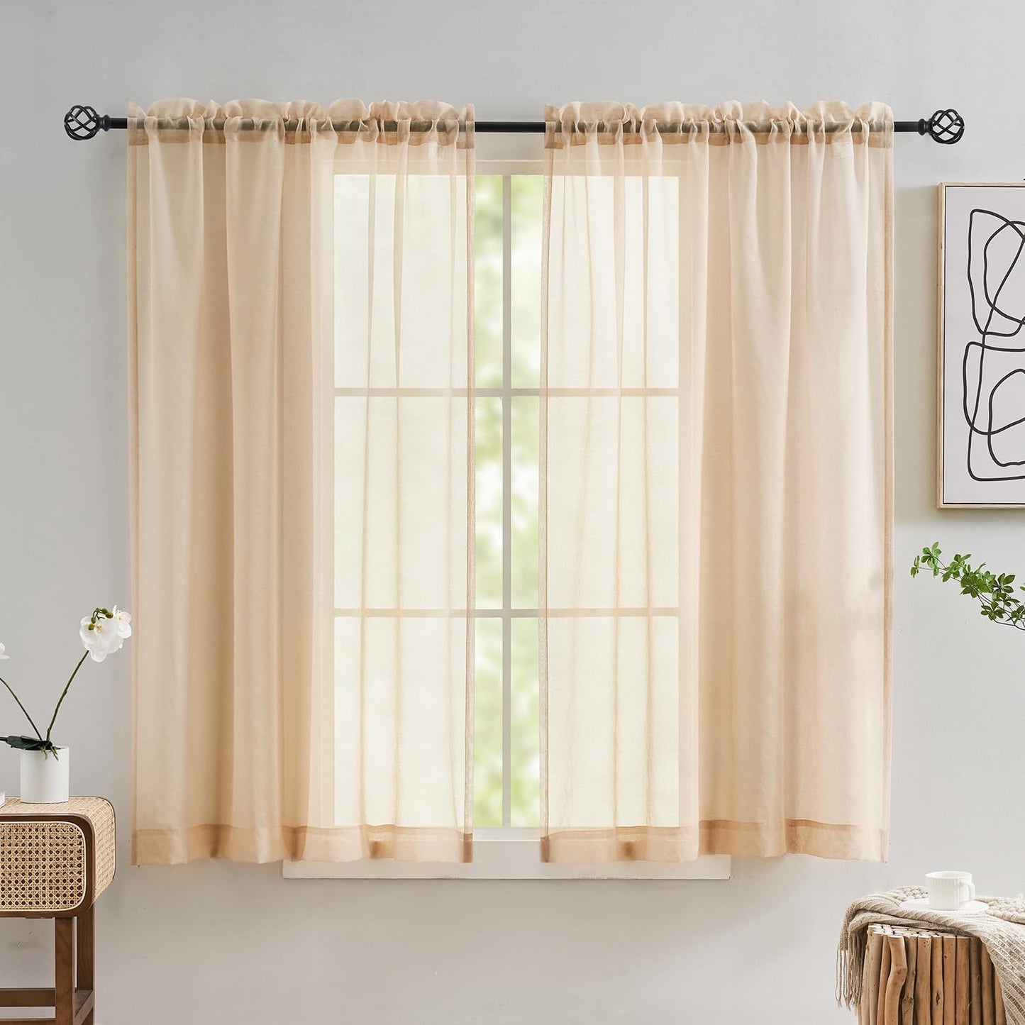 MYSTIC-HOME Sheer Curtains White 63 Inch Length, Rod Pocket Voile Drapes for Living Room, Bedroom, Window Treatments Semi Crinkle Curtain Panels for Yard, Patio, Villa, Parlor, Set of 2, 52"x 63"