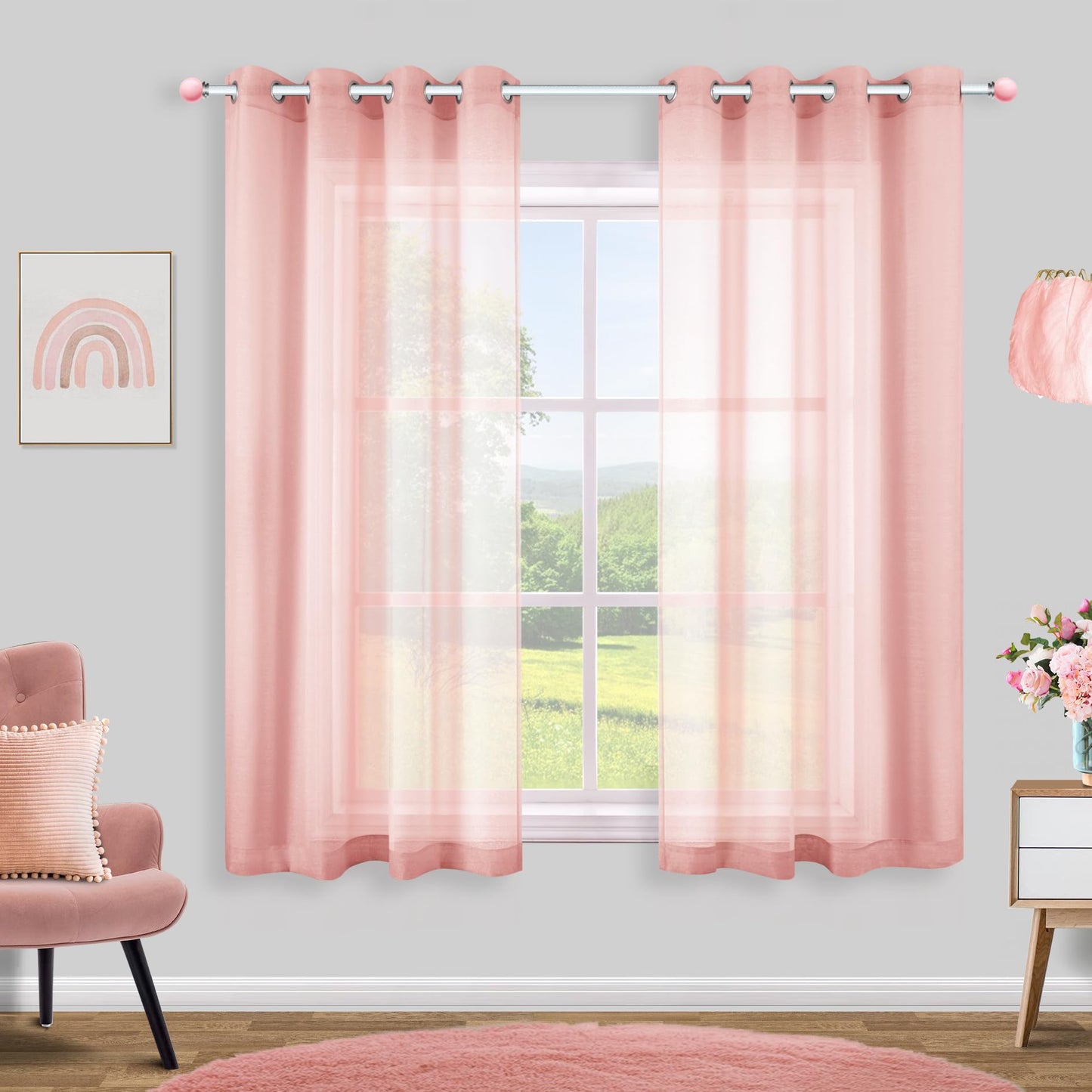 White Sheer Curtains 84 Inches Long Set 2 Panels Grommet Pair Faux Linen Semi Transparent Drape Tulle Gauze Voile Window Sheer Curtains for Bedroom Living Room Dining Wide 52 Length Solid Pack