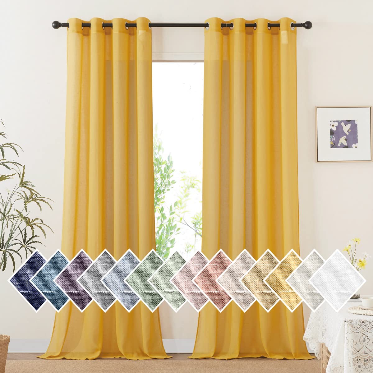 NICETOWN White Sheer Linen Curtains for Living Room 84 inch Length 2 Panels Set, Grommet Semi Sheer Privacy with Light Filtering Flax Window Treatments for Bedroom, W52 x L84