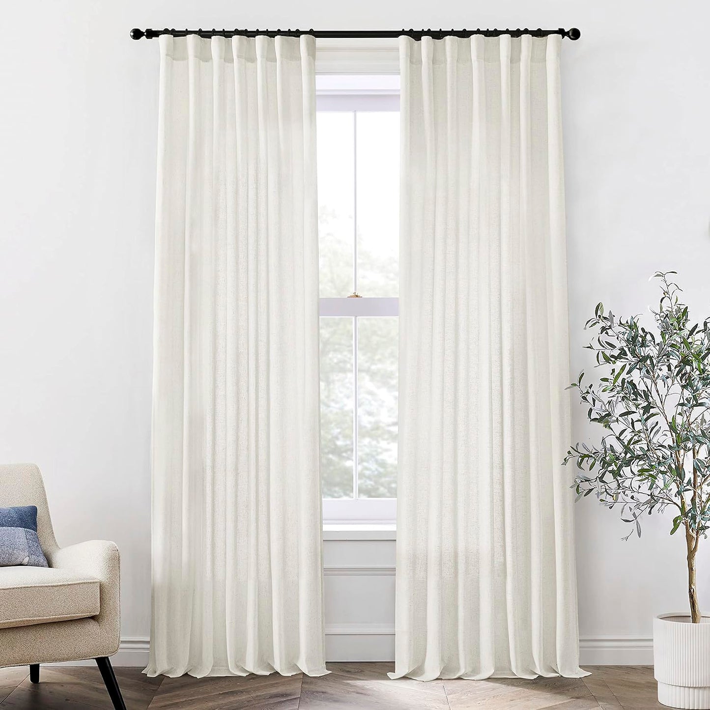 Linen Cotton Curtains for Living Room, Cream Off White Natural Fabric Light Filtering Semi Sheer Curtains 84 Inches Long, Ivory Pleated Farmhouse Curtain Drapes 84 Inch Length 2 Panels Set Dining Room