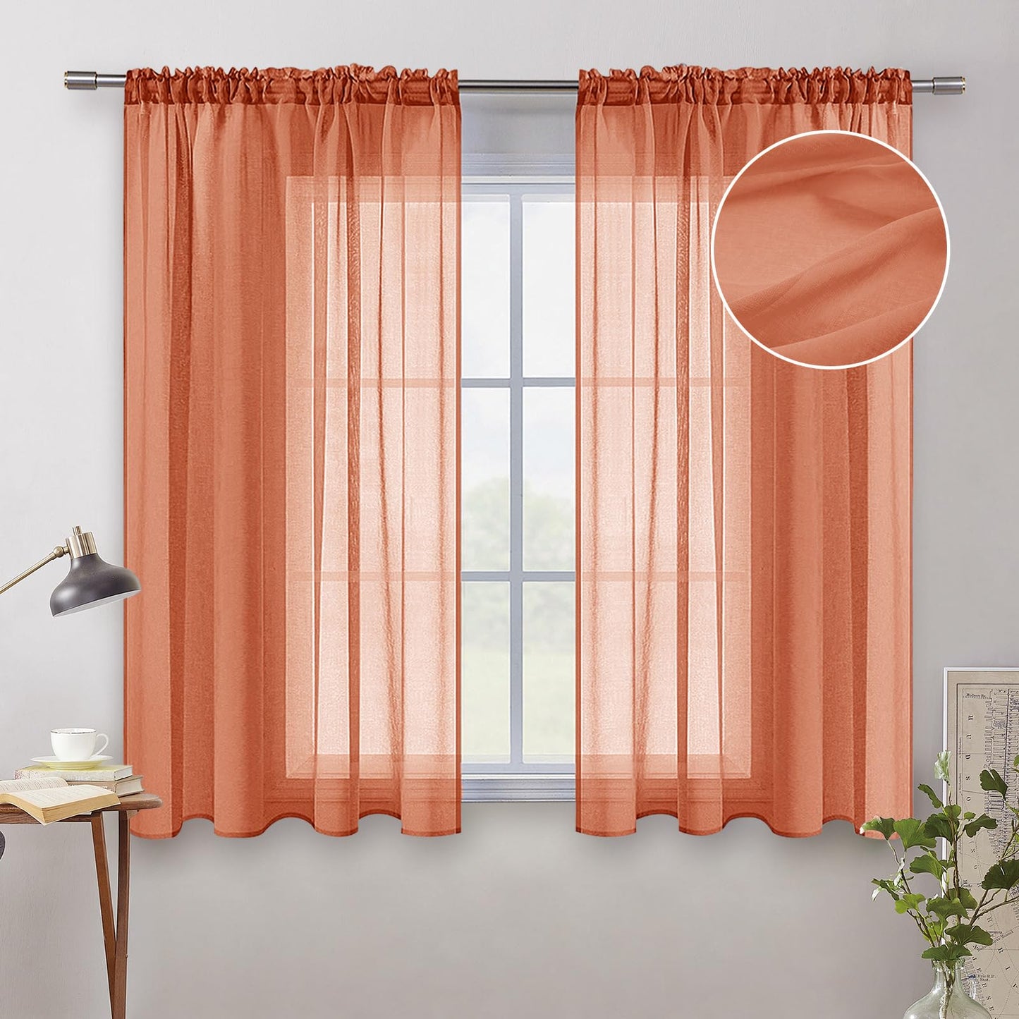 MIULEE Semi White Linen Textured Sheer Curtains 42W×84L Rod Pocket 2 Panels | Semi Transparent, Farmhouse, Window Net Panels with Rod Pocket for Bedroom Living Room