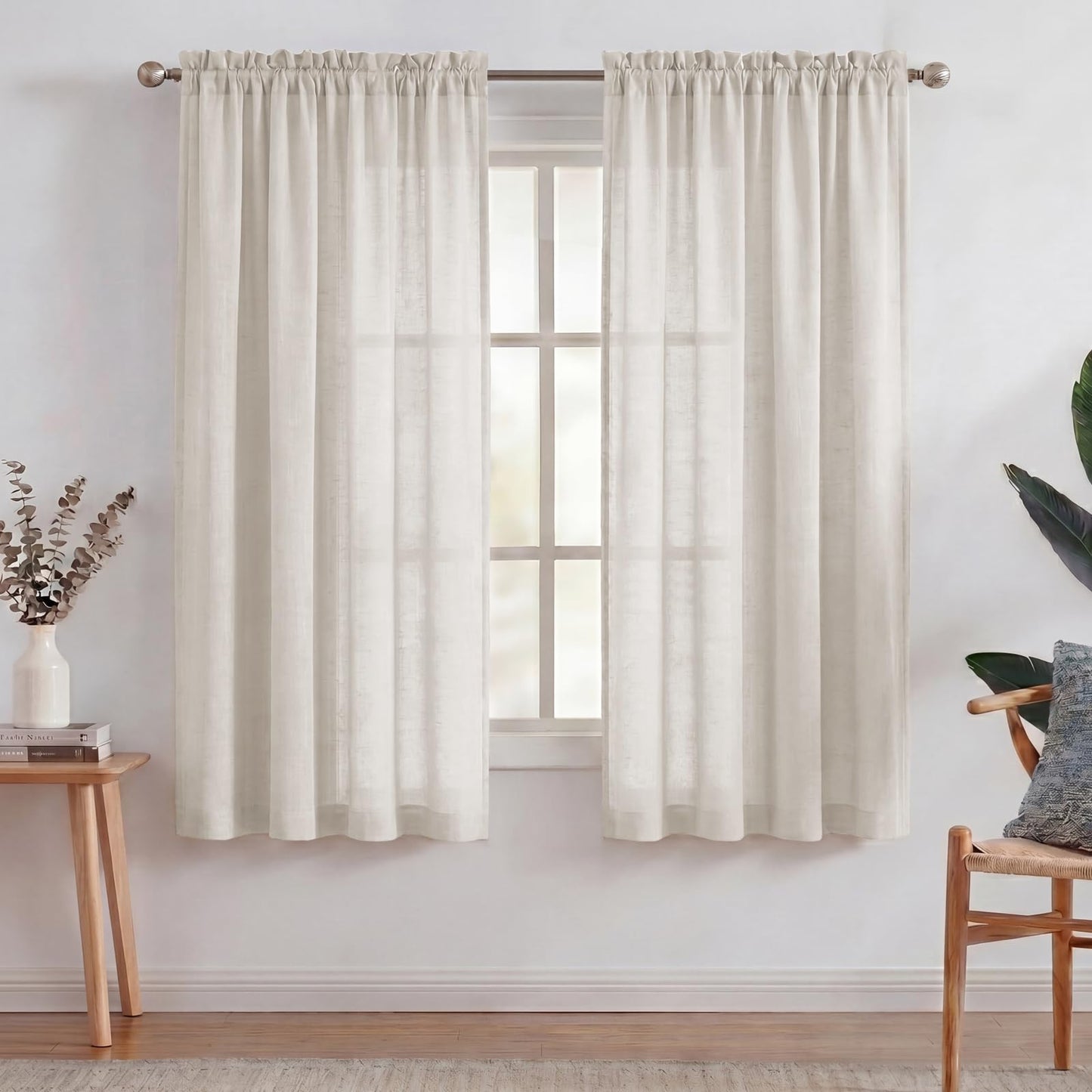 Turquoize White Linen Curtains 96 Inches Long Semi Sheer Curtains Light Filtering Linen Drapes for Living Room/Bedroom 2 Panels Set Rod Pocket Window Treatments Panels,W52 x L96, White