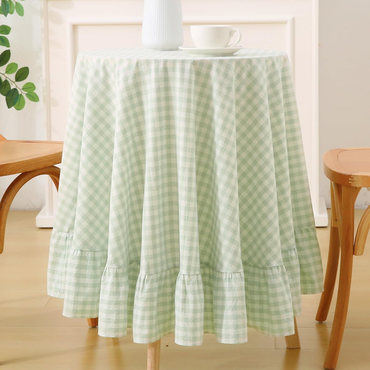 Blush White Gingham Ruffled Table Cloth Rectangular 120“x60” | 100% Washed Cotton, for Seat 8-10, Buffet Picnic Baby Shower Party Tablecloth, Decorative Checker Plaid Farmhouse Table Cover