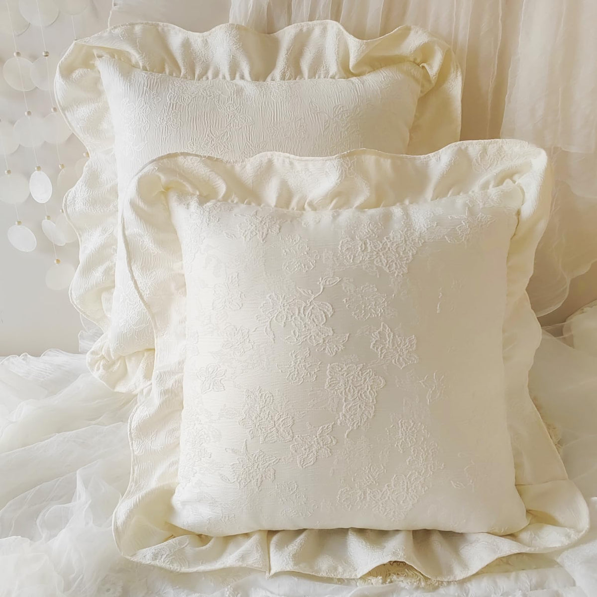 Jacquard Throw Pillow Covers French Cushion Cover Embroidery Lace Throw Pillow Cases for Couch Sofa Farmhouse Home Decoration Square 18 x18 Inch Set of 2 White