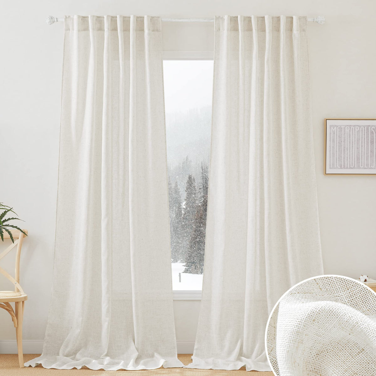 RYB HOME White Sheer Curtains for Living Room Patio Glass Door, W52 x L95 | Linen Texture, Light Filtering Privacy, Airy Translucent, Back Tab, Bedroom Office Balcony, W52 x L95, 2 Panels