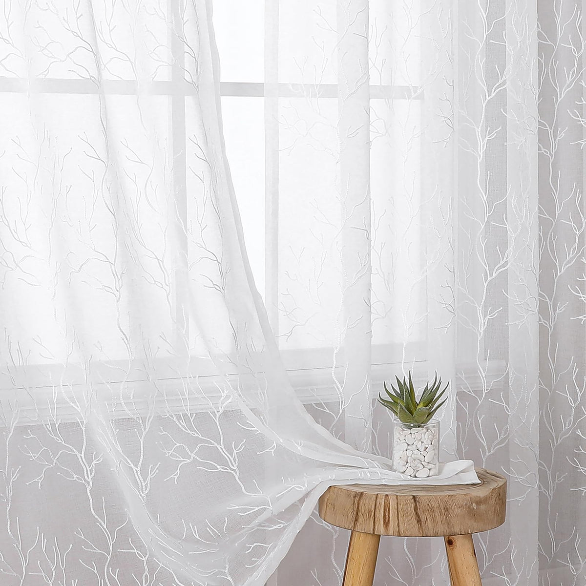 Sheer Curtains Boho Leaf Floral Embroidered Cream Beige 54Wx84L | Light Filtering Semi Sheer Voile Curtains With Design, Rod Pocket Window Drapes for Bedroom Living Room 2 Panels