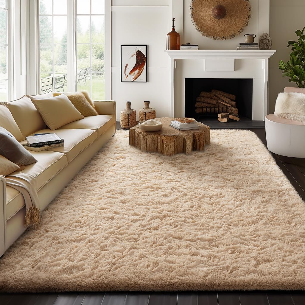 Ophanie 8x10 Area Rugs for Living Room, Washable Non-Slip Fluffy Soft Large Shag Bedroom Carpet, Ivory Big Indoor Nursery Rug, Carpets for Boy and Girls Room Dorm Decor with Over 99 pcs Pile fibers