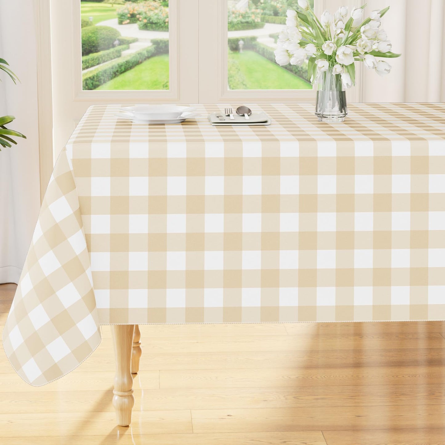 Smiry Picnic Table Cloth, Vinyl Tablecloths with Flannel Backing, 60"x84" | Waterproof Rectangle Table Cloth, Wipeable Buffalo Plaid Table Cover for Indoor and Outdoor (Khaki & White)