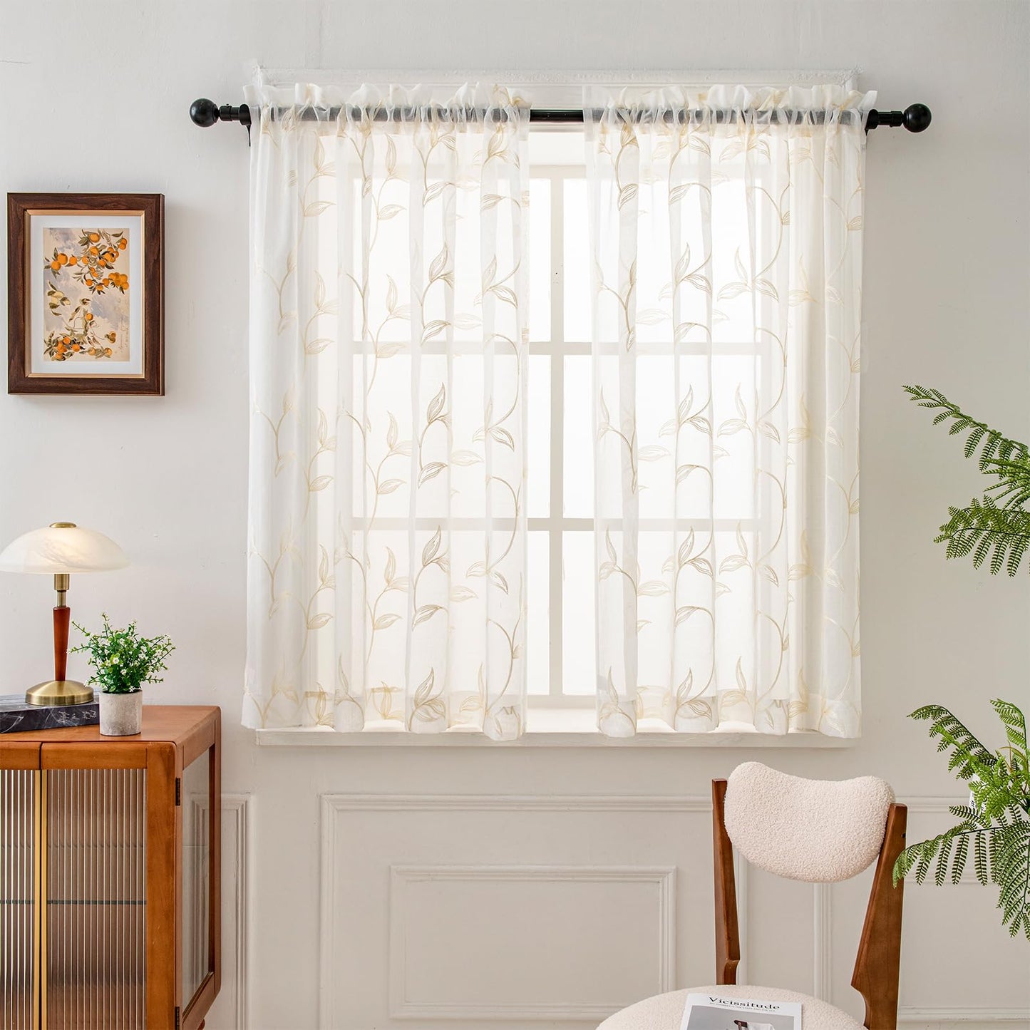 Sheer Curtains Boho Leaf Floral Embroidered Cream Beige 54Wx84L | Light Filtering Semi Sheer Voile Curtains With Design, Rod Pocket Window Drapes for Bedroom Living Room 2 Panels