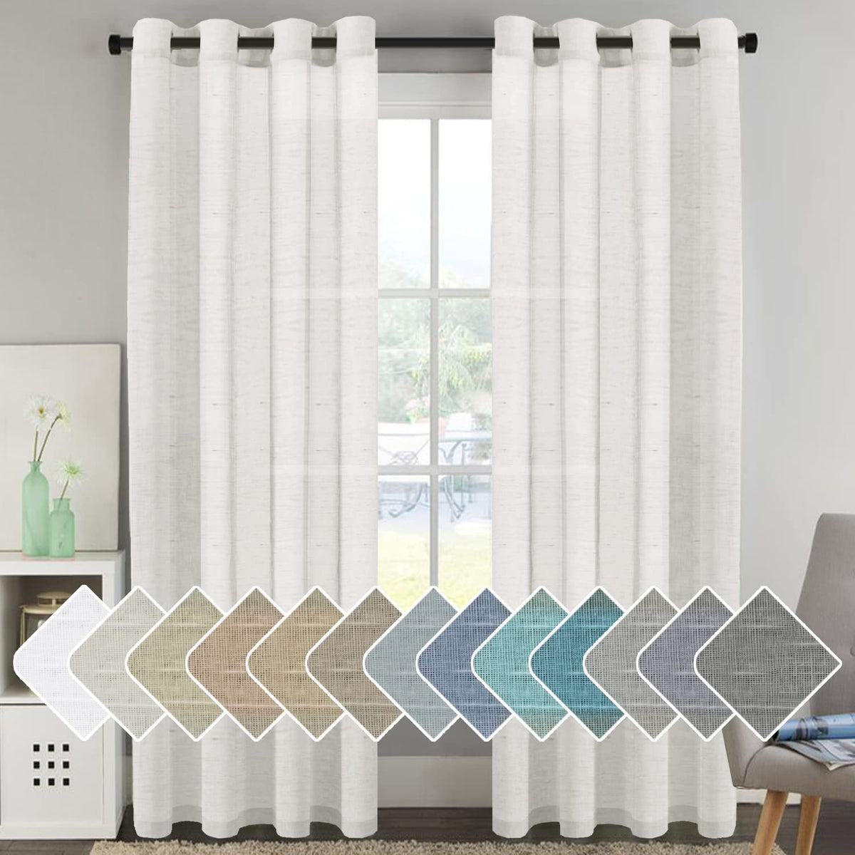H.VERSAILTEX Natural Linen Sheer Curtains Flax Linen Blended Curtain Panels Living Room, Nickel Grommet Semitransparent Semi-Sheer Soft Privacy Drapes, Natural, 84 inches Long 2 Panels