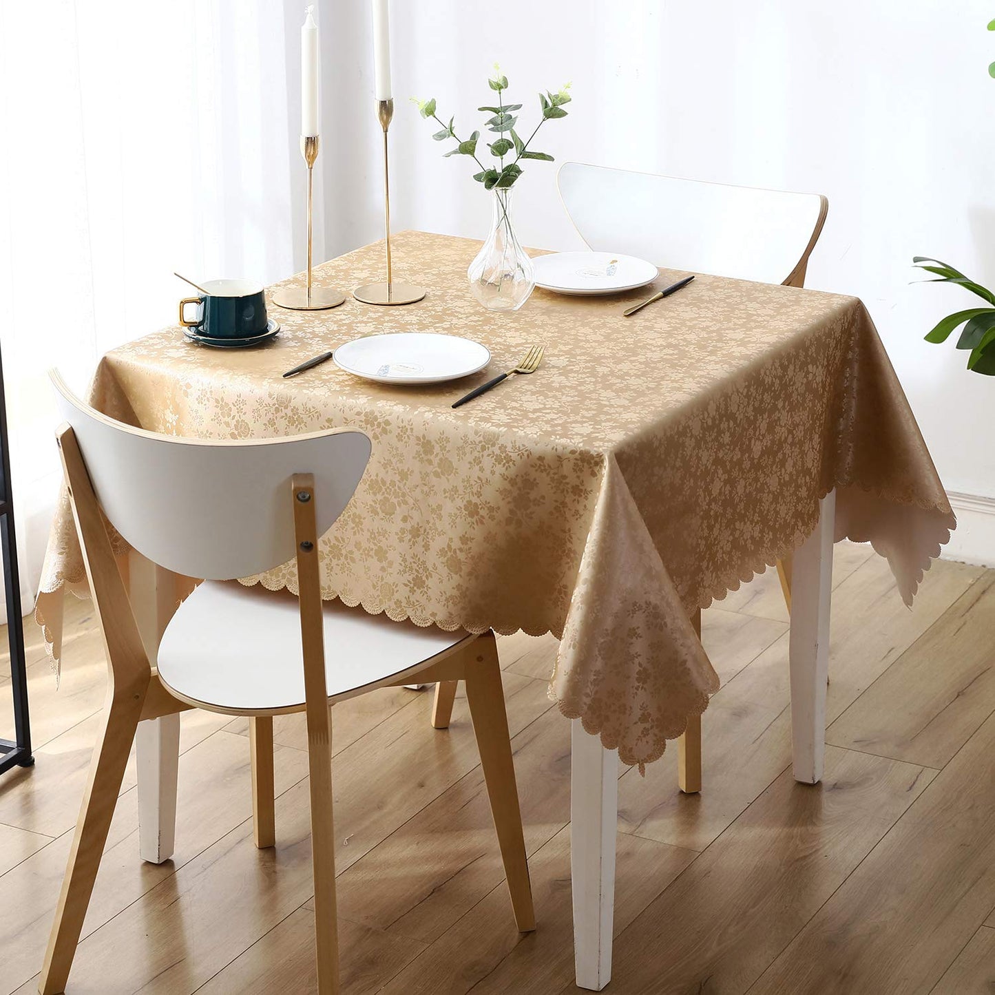 Smiry Rectangle Waterproof Heavy Duty Vinyl Tablecloths, 60 x 84 Inch | Wipeable Washable Floral Embossed Table Cover for Kitchen and Dining Room, Indoor & Outdoor Use, Beige