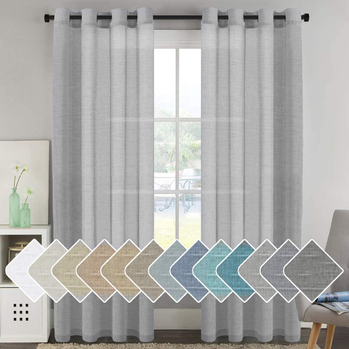 H.VERSAILTEX Natural Linen Sheer Curtains Flax Linen Blended Curtain Panels Living Room, Nickel Grommet Semitransparent Semi-Sheer Soft Privacy Drapes, Natural, 84 inches Long 2 Panels