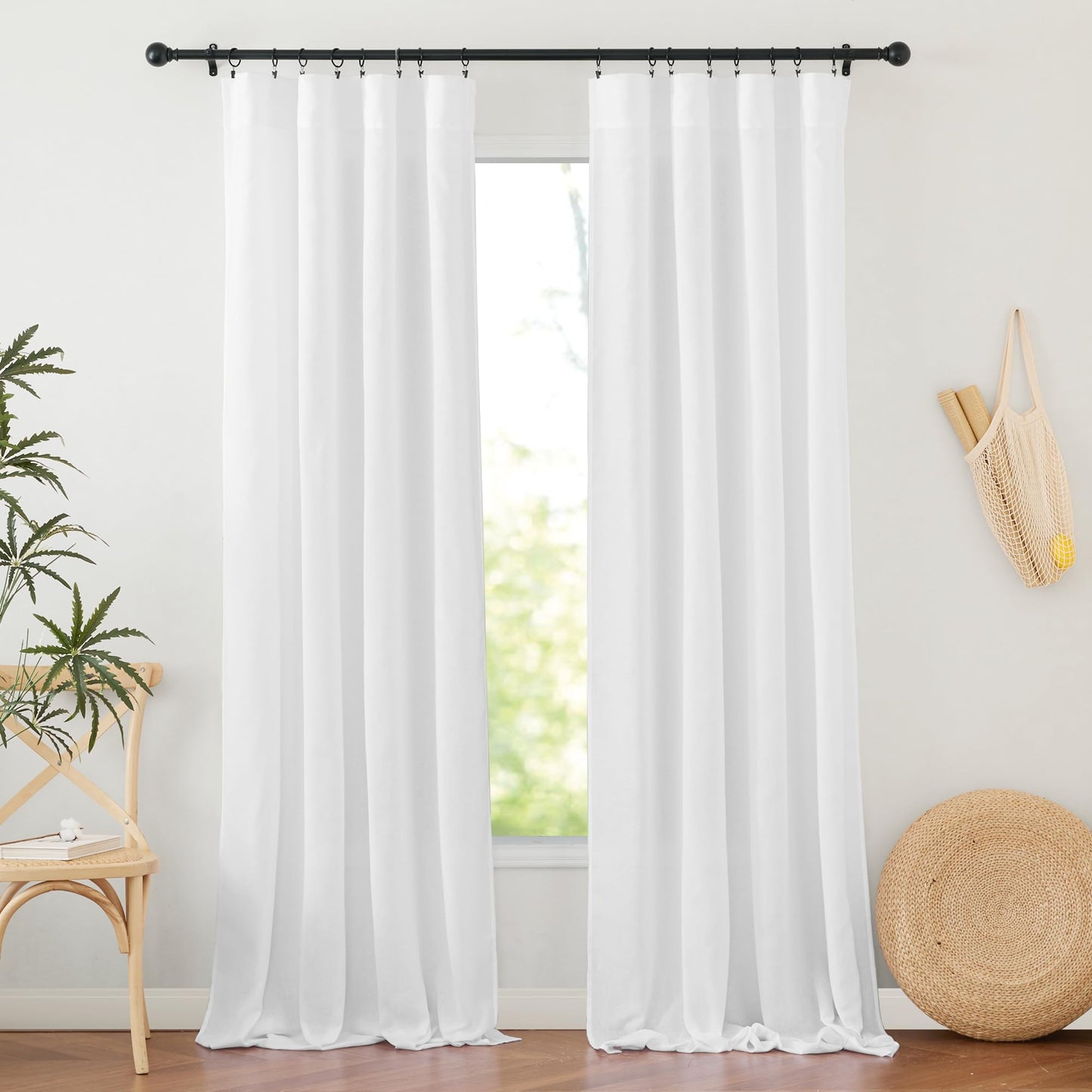 RYB HOME White Semi Sheer Curtains 84 inches Long for Living Room | Half Privacy, Linen Textured, Sheer Light Filtering, Vertical Window Drapes, for Bedroom Dining, White, W52 x L84, 2 Panels