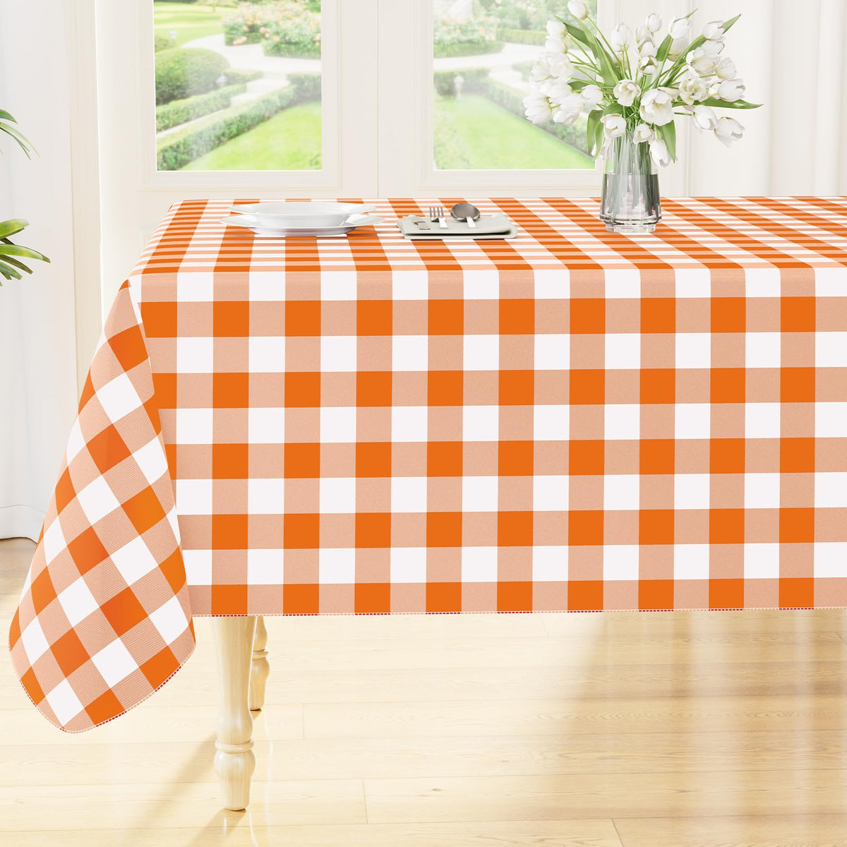 Smiry Picnic Table Cloth, Vinyl Tablecloths with Flannel Backing, 60"x84" | Waterproof Rectangle Table Cloth, Wipeable Buffalo Plaid Table Cover for Indoor and Outdoor (Khaki & White)