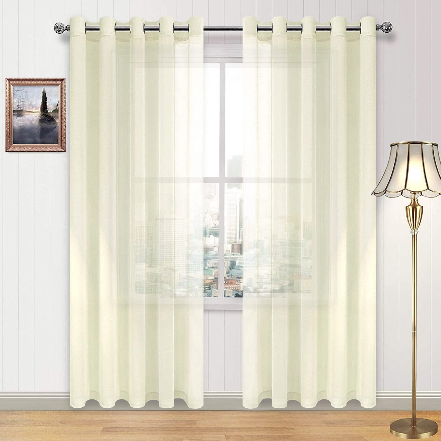 DWCN White Sheer Curtains Linen Look Semi Transparent Voile Grommet White Curtains for Living Dining Room Drapes 52 x 84 Inch Long, Set of 2 Panels