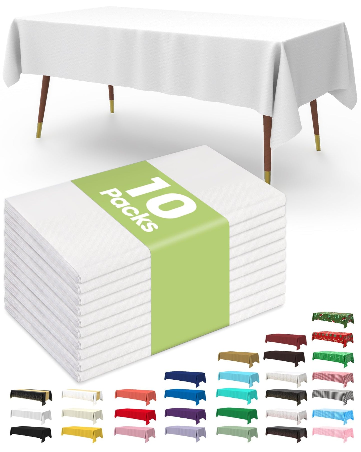 Pureegg Plastic Table Cloth 10 Pack, 54 x 108 Inch Disposable Table Cloths for Party, Picnic and Wedding, Rectangle, White | Picnic, Wedding, Party Supplies, Leakproof & Sturdy, Tablecloth, Table Cover