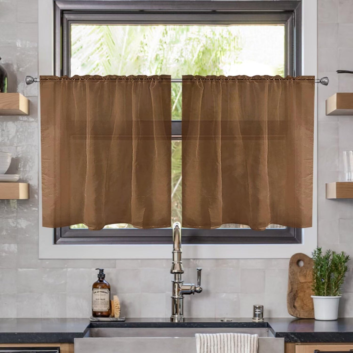 youleyar Solid Sheer Rod Pocket Curtain Voile Draperies 2 Panels White Beige Black Grey Coffee 52 Inch Width 84 Inch Long 1 Pair for Kitchen Bedroom Children Living Room Yard (Ivory,52W ｘ 84L)