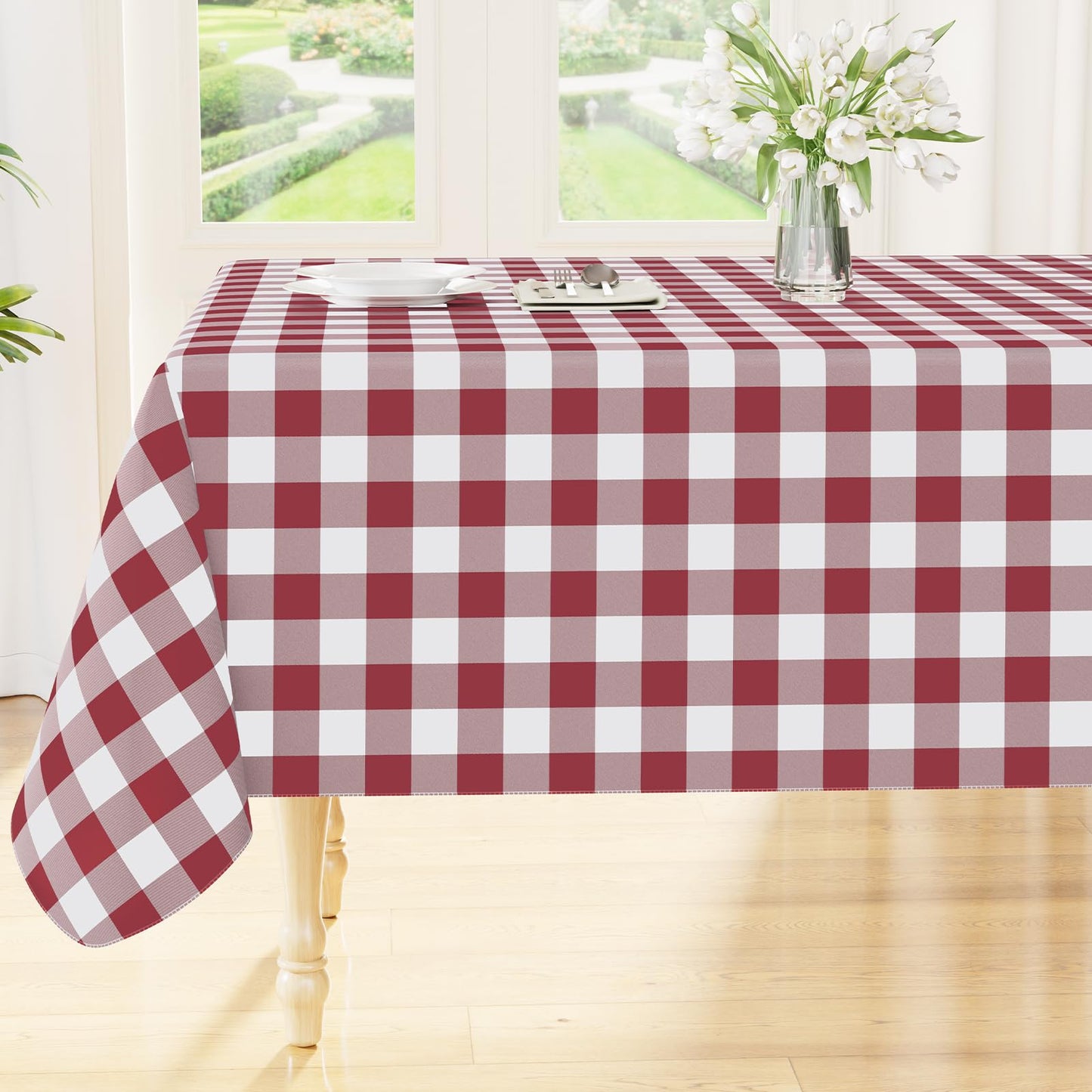 Smiry Picnic Table Cloth, Vinyl Tablecloths with Flannel Backing, 60"x84" | Waterproof Rectangle Table Cloth, Wipeable Buffalo Plaid Table Cover for Indoor and Outdoor (Khaki & White)