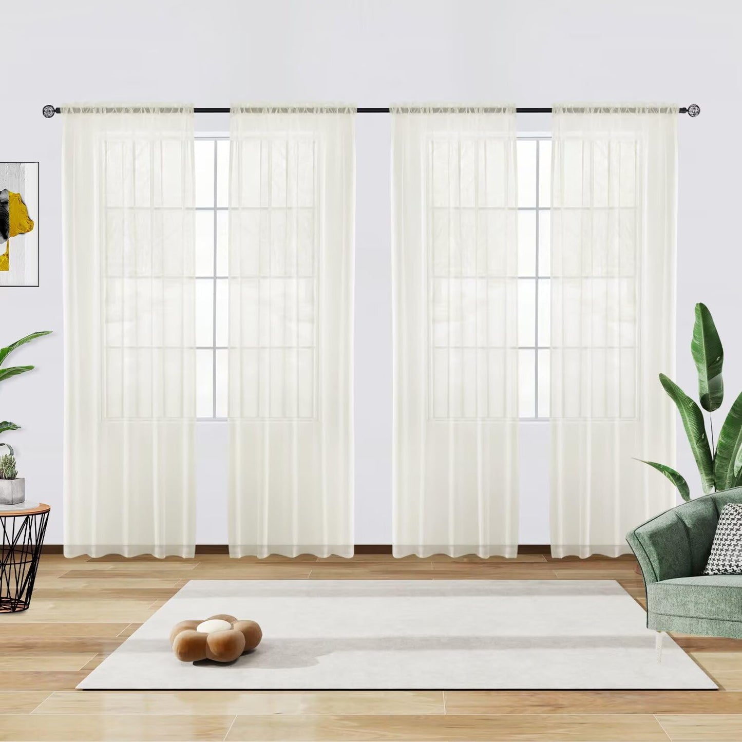 youleyar Solid Sheer Rod Pocket Curtain Voile Draperies 2 Panels White Beige Black Grey Coffee 52 Inch Width 84 Inch Long 1 Pair for Kitchen Bedroom Children Living Room Yard (Ivory,52W ｘ 84L)