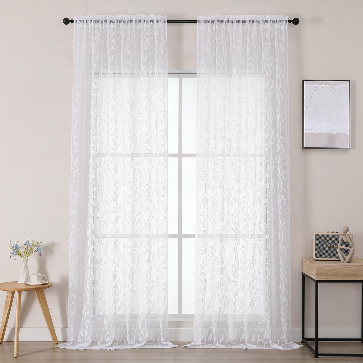 Furman Ivory Sheer Curtains 84 inches Long for Bedroom Living Room 2 Panels Set, Jacquard Clip Light Filtering Semi Sheer Curtain Rod Pocket Window Drapes, 2 Pcs Each 40 W 84 L