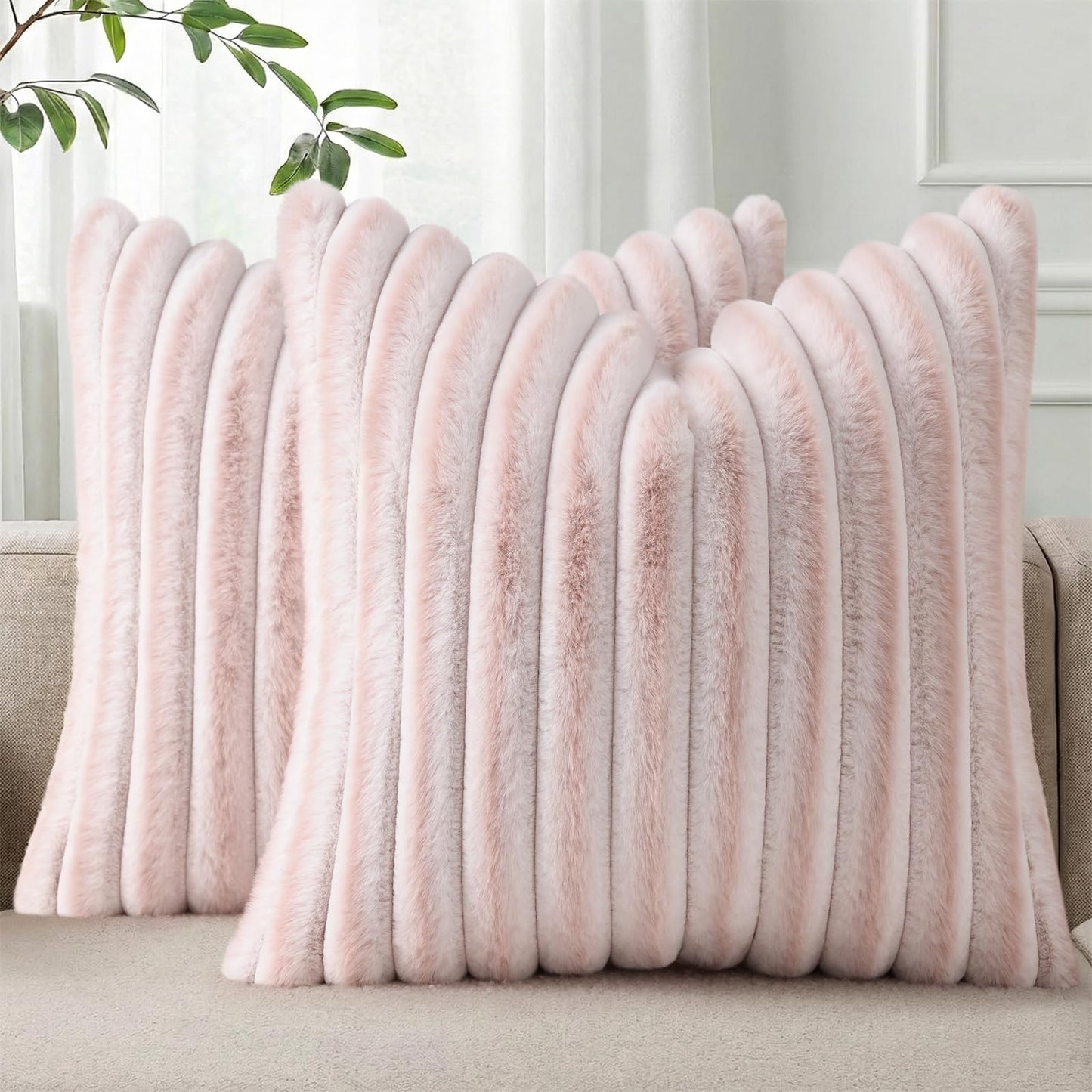 Pallene Faux Fur Decorative Throw Pillow Covers 18x18 Set of 2, Cream White | Luxury Plush Texture, Striped Design, Cozy Soft Touch, Modern Home Accent Decor for Couch, Sofa, Bed, Living Room