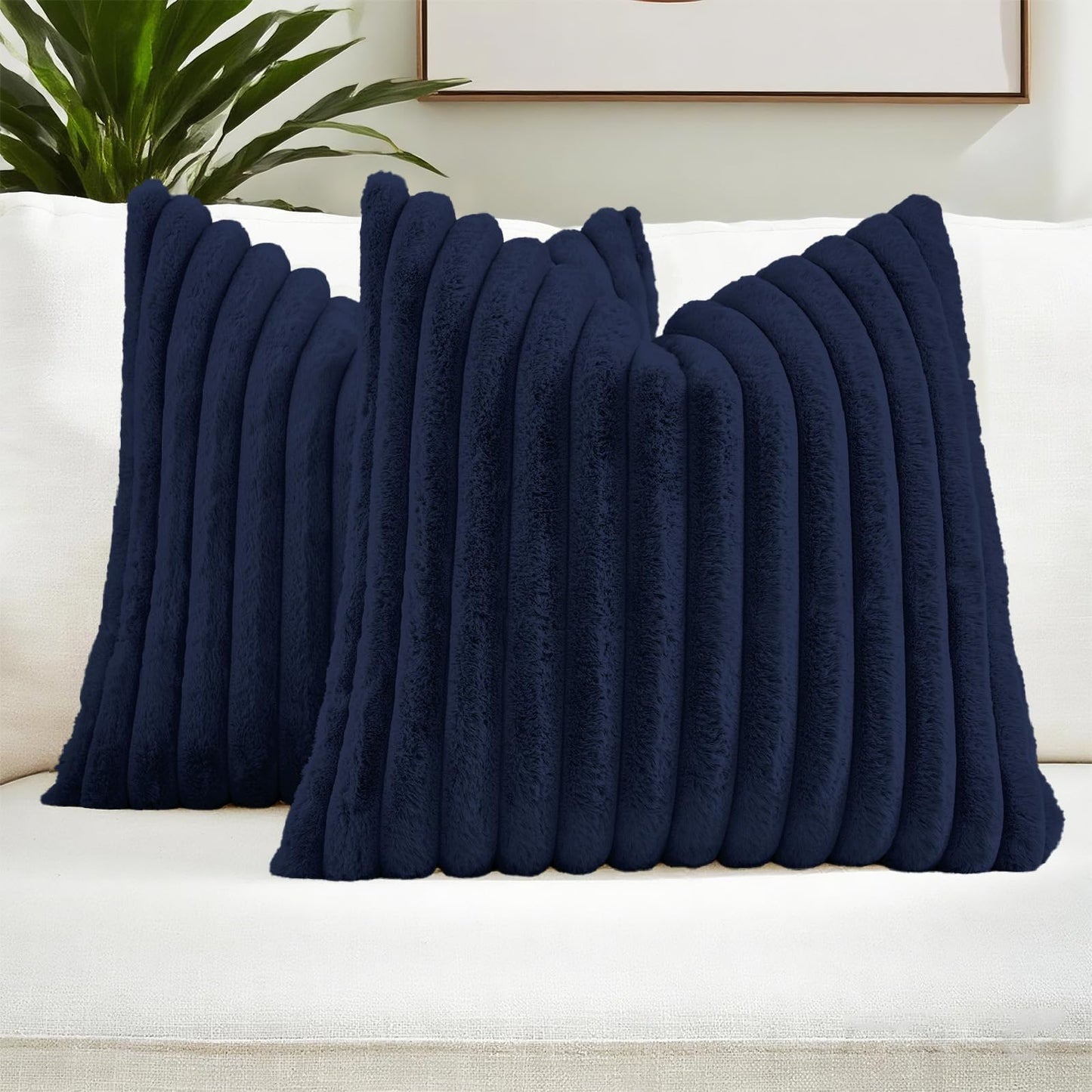 FUTEI Pack of 2 Faux Fur Throw Pillow Covers 18x18 Inch, Cream White | Fluffy Faux Rabbit Fur Front/Premium Velvet Back,Hidden Zipper,Machine Washable,Non-Shedding,Colorfast,Insert Not Included.