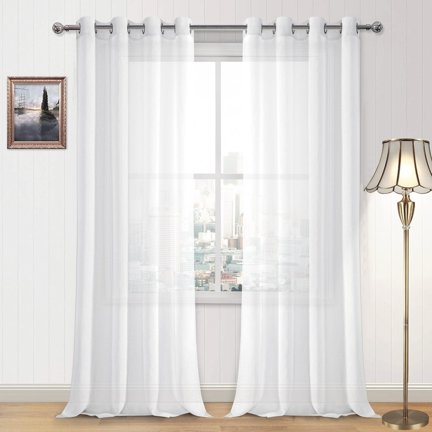 DWCN White Sheer Curtains Linen Look Semi Transparent Voile Grommet White Curtains for Living Dining Room Drapes 52 x 84 Inch Long, Set of 2 Panels