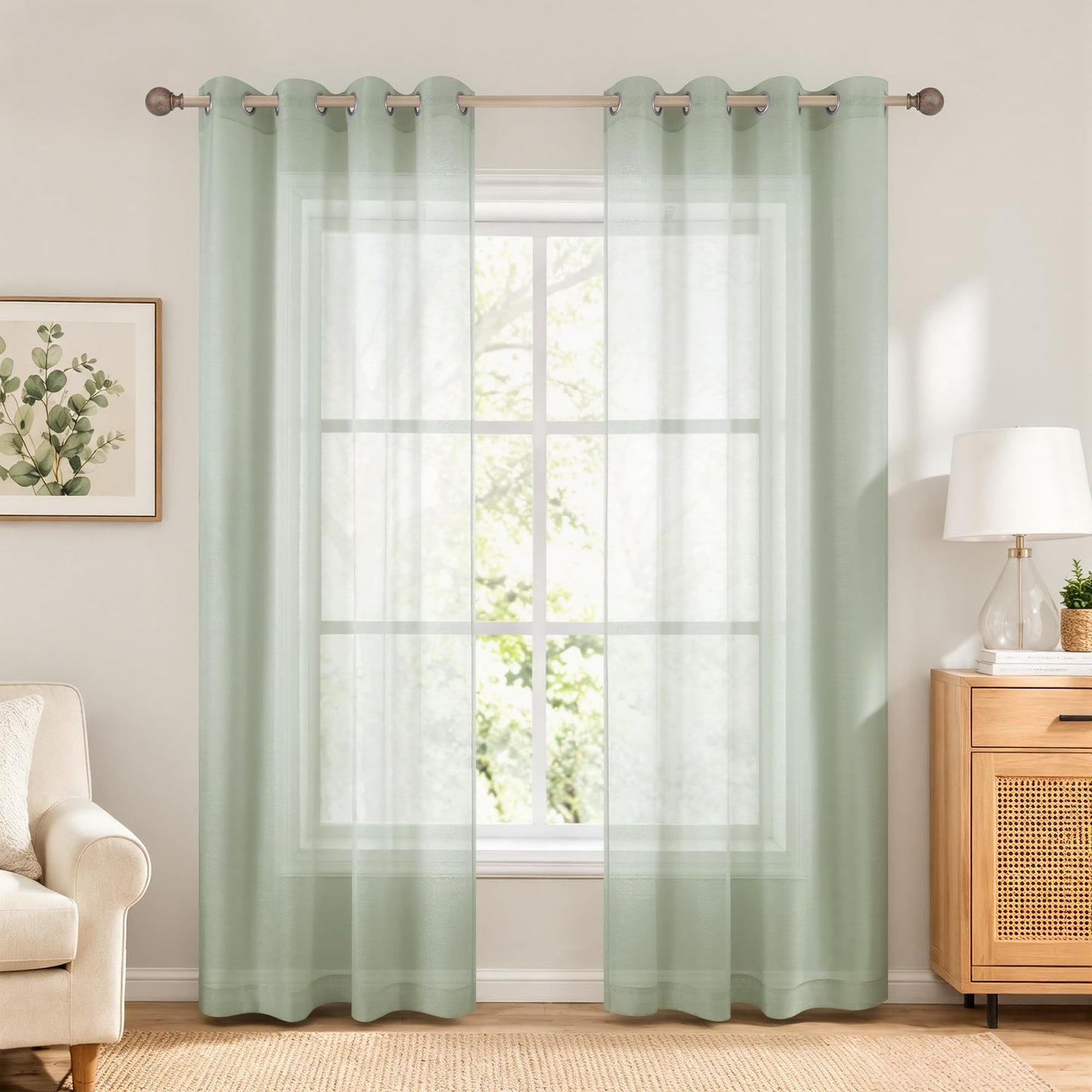 White Sheer Curtains 84 Inches Long Set 2 Panels Grommet Pair Faux Linen Semi Transparent Drape Tulle Gauze Voile Window Sheer Curtains for Bedroom Living Room Dining Wide 52 Length Solid Pack