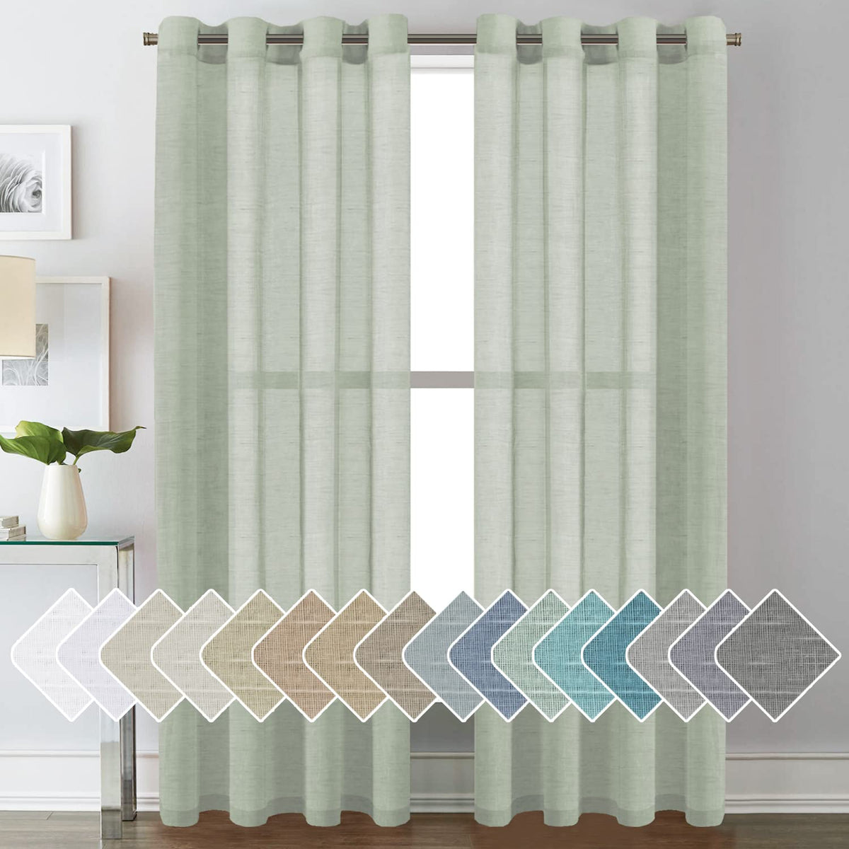 H.VERSAILTEX Natural Linen Sheer Curtains Flax Linen Blended Curtain Panels Living Room, Nickel Grommet Semitransparent Semi-Sheer Soft Privacy Drapes, Natural, 84 inches Long 2 Panels