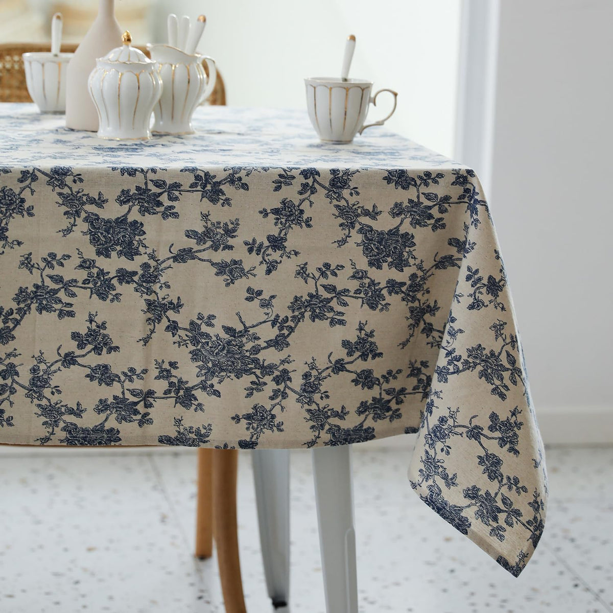 Pastoral Rectangle Tablecloth - 60 x 102 Inch Table Cloth - Washable Table Cover with Dust-Proof Wrinkle Resistant for Restaurant, Picnic, Indoor and Outdoor Dining, Floral (Dark Blue)