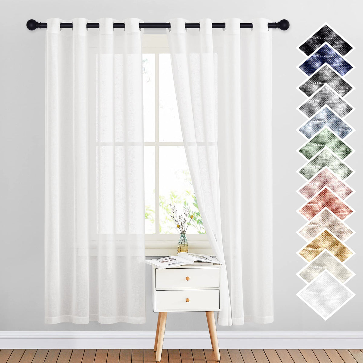 NICETOWN White Sheer Linen Curtains for Living Room 84 inch Length 2 Panels Set, Grommet Semi Sheer Privacy with Light Filtering Flax Window Treatments for Bedroom, W52 x L84