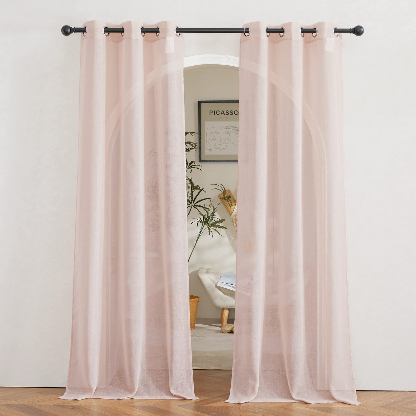 NICETOWN White Sheer Linen Curtains for Living Room 84 inch Length 2 Panels Set, Grommet Semi Sheer Privacy with Light Filtering Flax Window Treatments for Bedroom, W52 x L84