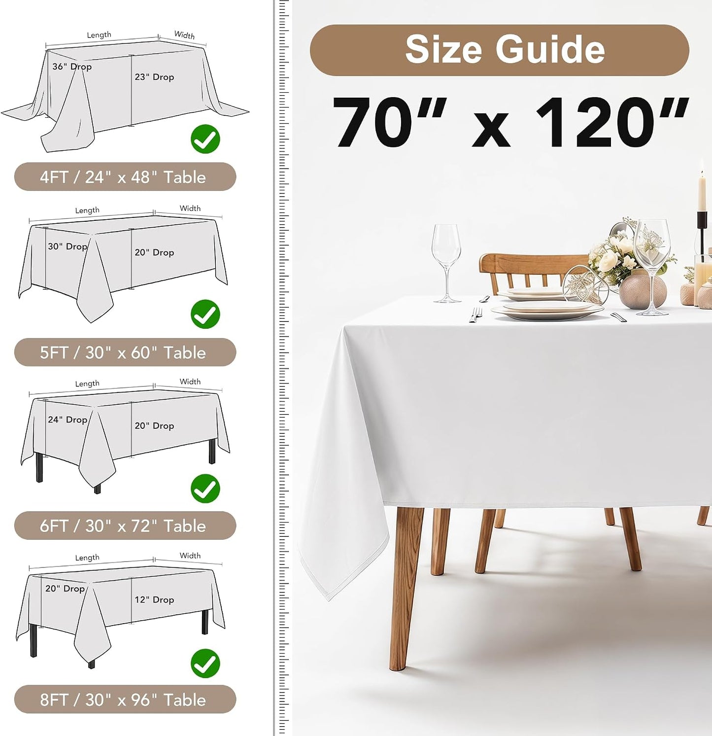 Fitable 6 Pack White Table Cloths 70x120 Inch for 6-8 Ft Rectangle Tables | Stain & Wrinkle Resistant, Washable Polyester Covers for Wedding Party Dining Banquet Event Catering Reception