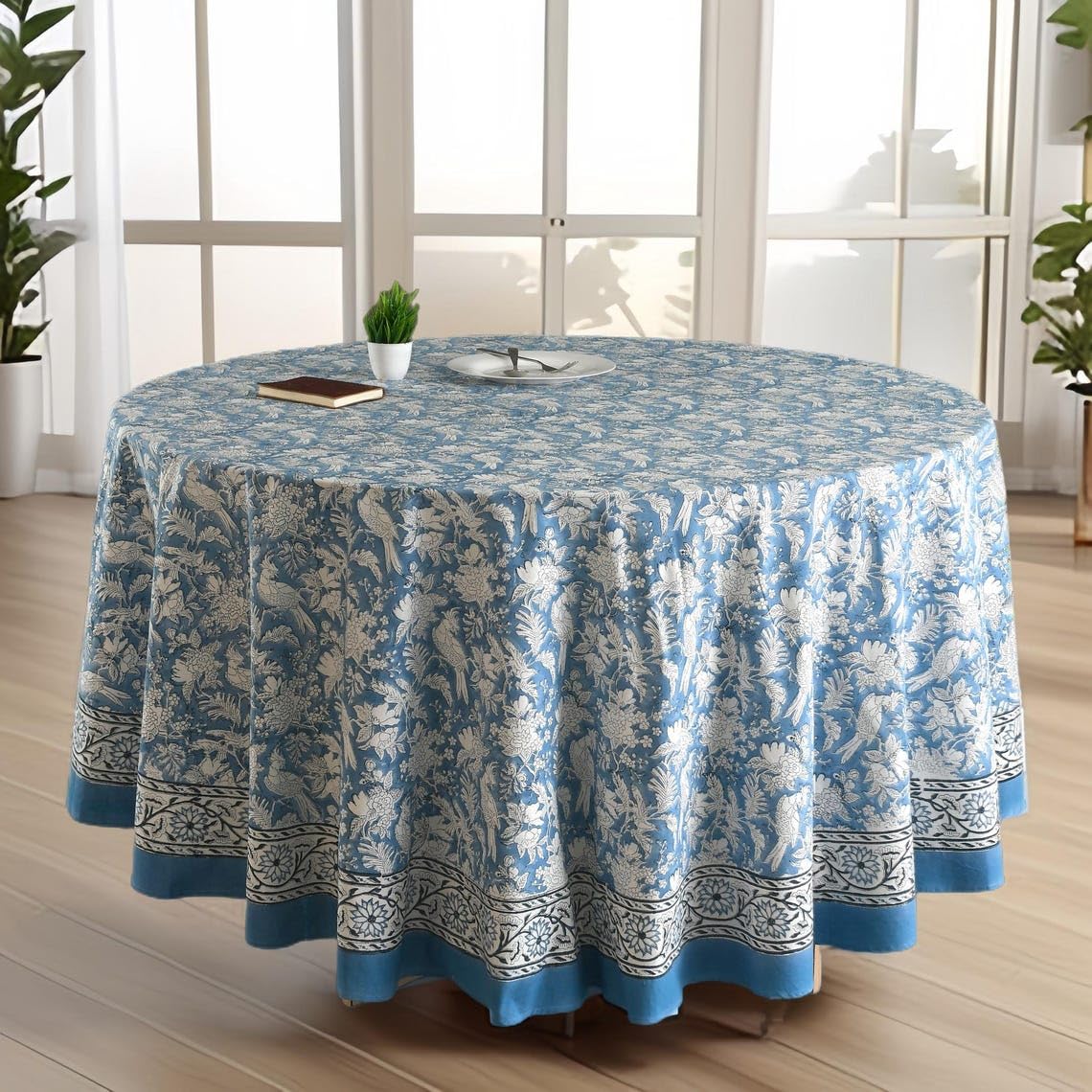 CPC Apatite Blue Block Print Cotton Handmade Round Tablecloth 110 Inch Decorative Table Cover for Home Decor, Dinning, Festive, Wedding, Farmhouse Gift for Spring, Mother's Day