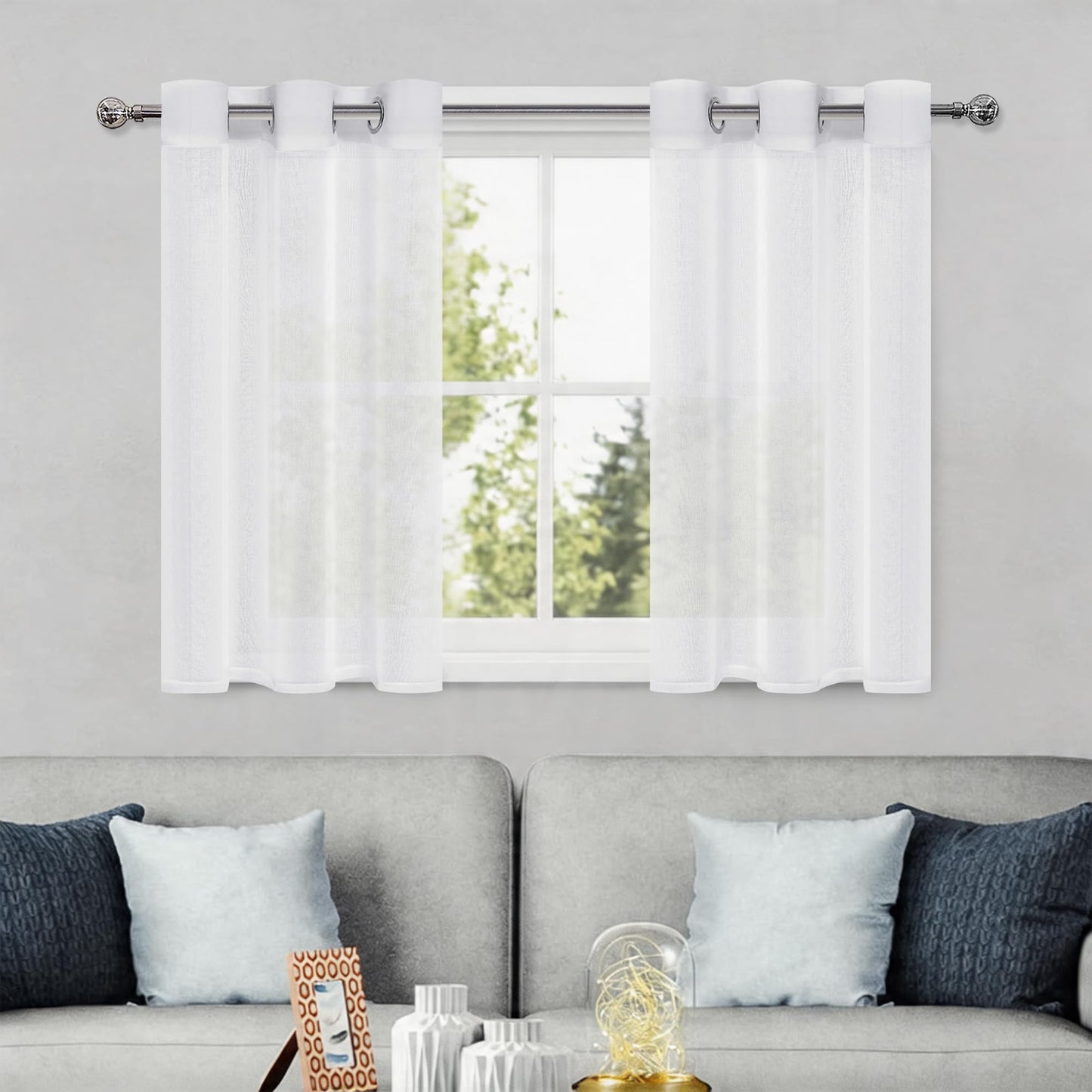 DWCN White Sheer Curtains Linen Look Semi Transparent Voile Grommet White Curtains for Living Dining Room Drapes 52 x 84 Inch Long, Set of 2 Panels