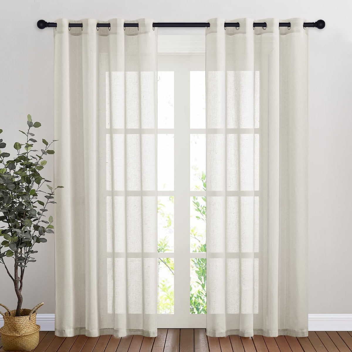 NICETOWN White Sheer Linen Curtains for Living Room 84 inch Length 2 Panels Set, Grommet Semi Sheer Privacy with Light Filtering Flax Window Treatments for Bedroom, W52 x L84
