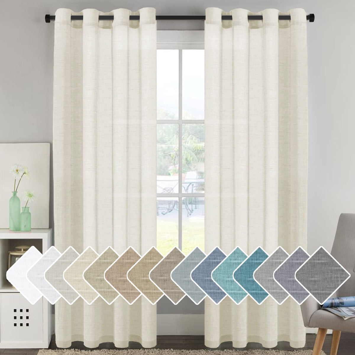 H.VERSAILTEX Natural Linen Sheer Curtains Flax Linen Blended Curtain Panels Living Room, Nickel Grommet Semitransparent Semi-Sheer Soft Privacy Drapes, Natural, 84 inches Long 2 Panels