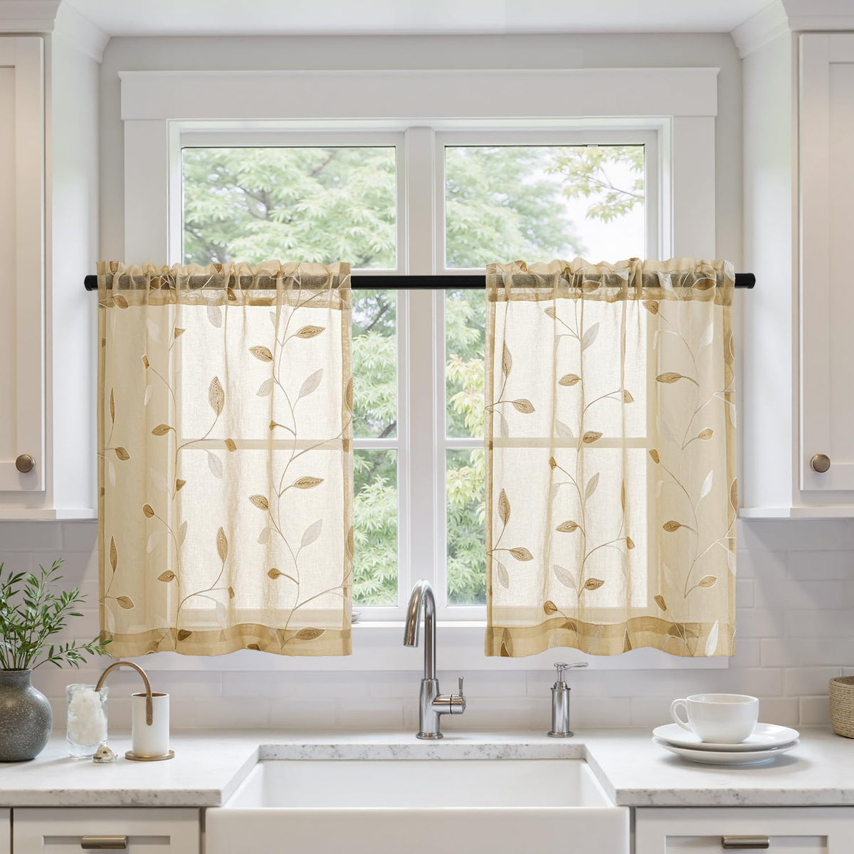 MIULEE Sage Green Sheer Curtains 2 Panels Leaf Patterned, W52 x L84 | Embroidered Floral Semi Sheer,Rod Pocket,Faux Linen,Short Window Curtains Drapes Set for Kitchen/Bathroom/Cafe