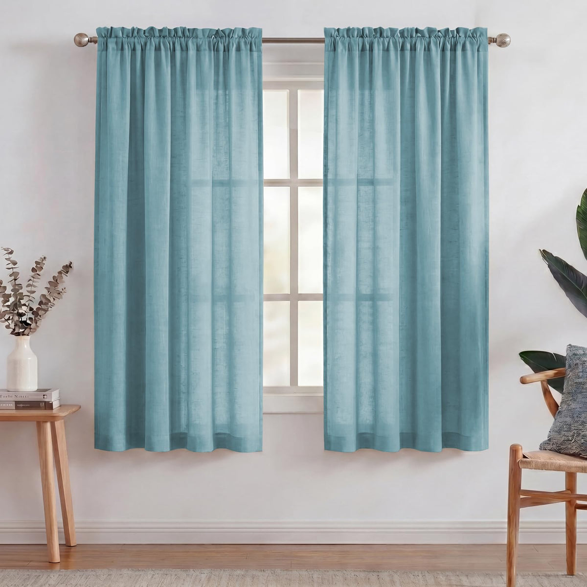 Turquoize White Linen Curtains 96 Inches Long Semi Sheer Curtains Light Filtering Linen Drapes for Living Room/Bedroom 2 Panels Set Rod Pocket Window Treatments Panels,W52 x L96, White