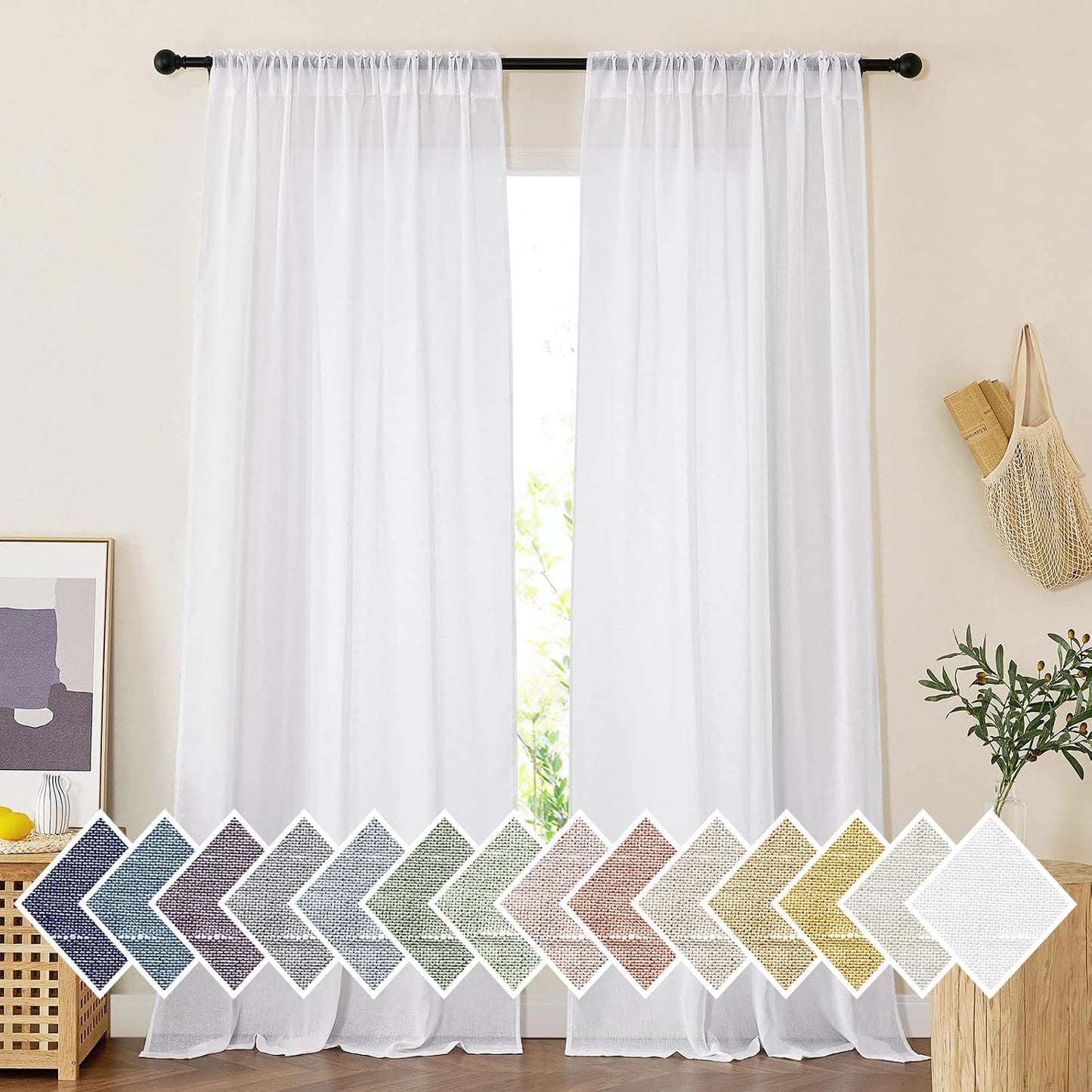 NICETOWN Semi Sheer White Curtains 84 inch Long, Rod Pocket & Back Tab Sheer Linen Curtains & Drapes Balance Privacy & Light Panels for Bedroom/Living Room, W52 x L84, 2 Panels