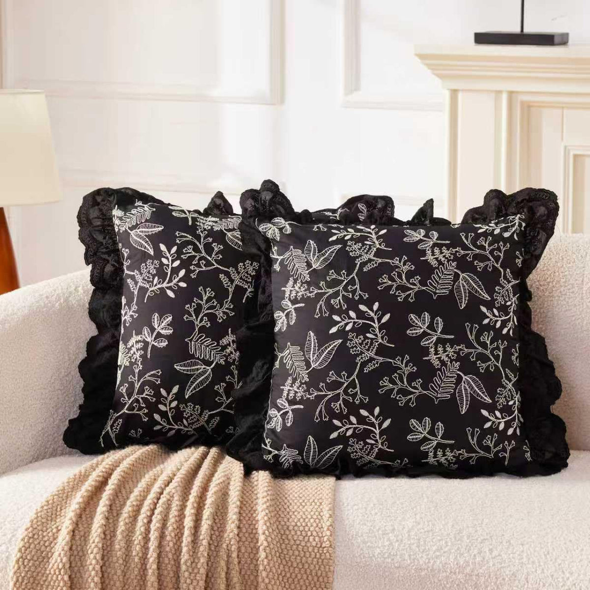 HAUSFRAU 18x18 Throw Pillow Covers Pillowcase Set of 2, French Style Cream | Floral Embroidered & Lace Ruffle Trim Chic Decorative Square Pillowcase Pillow Sham for Sofa, Couch, Wedding, Square