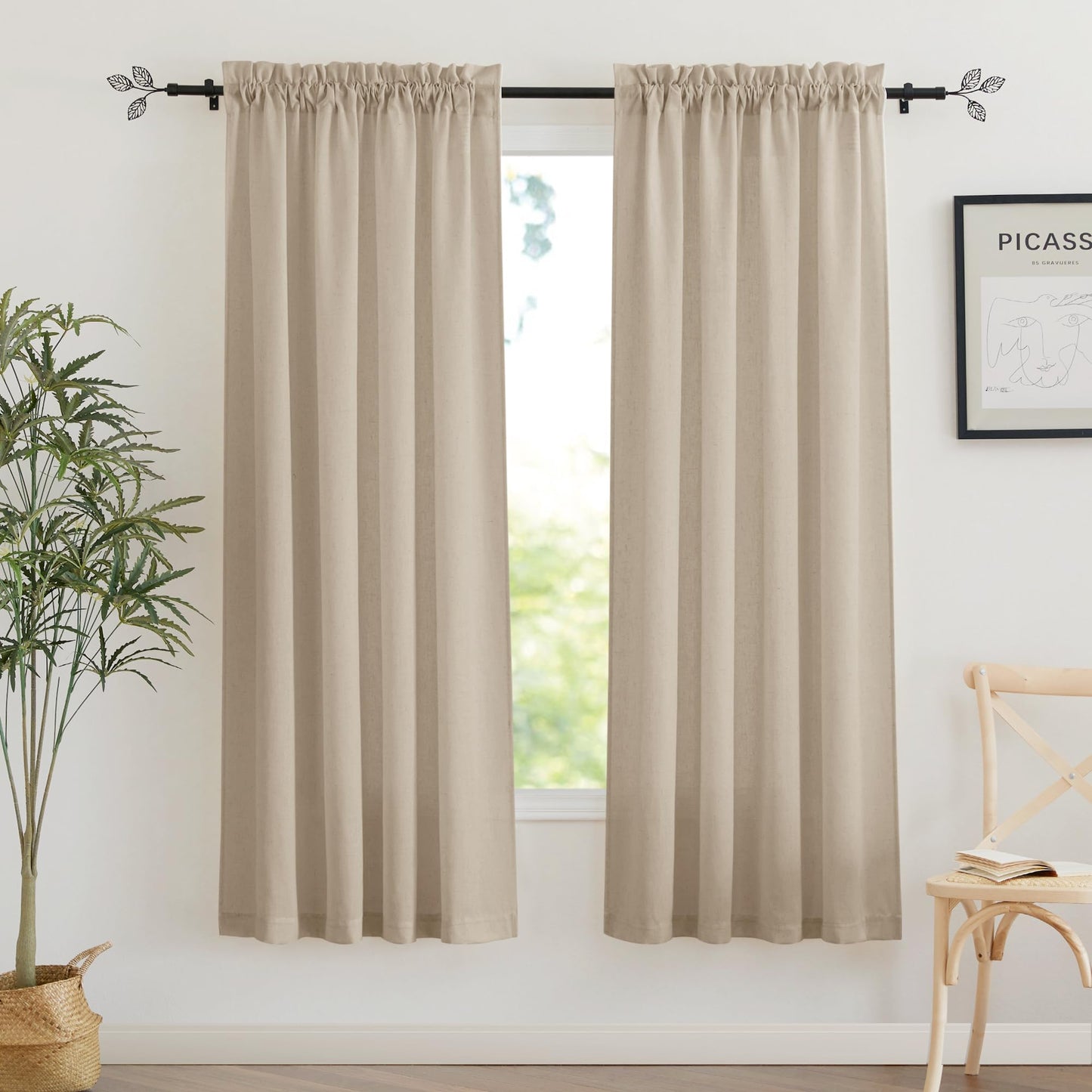 RYB HOME White Semi Sheer Curtains 84 inches Long for Living Room | Half Privacy, Linen Textured, Sheer Light Filtering, Vertical Window Drapes, for Bedroom Dining, White, W52 x L84, 2 Panels
